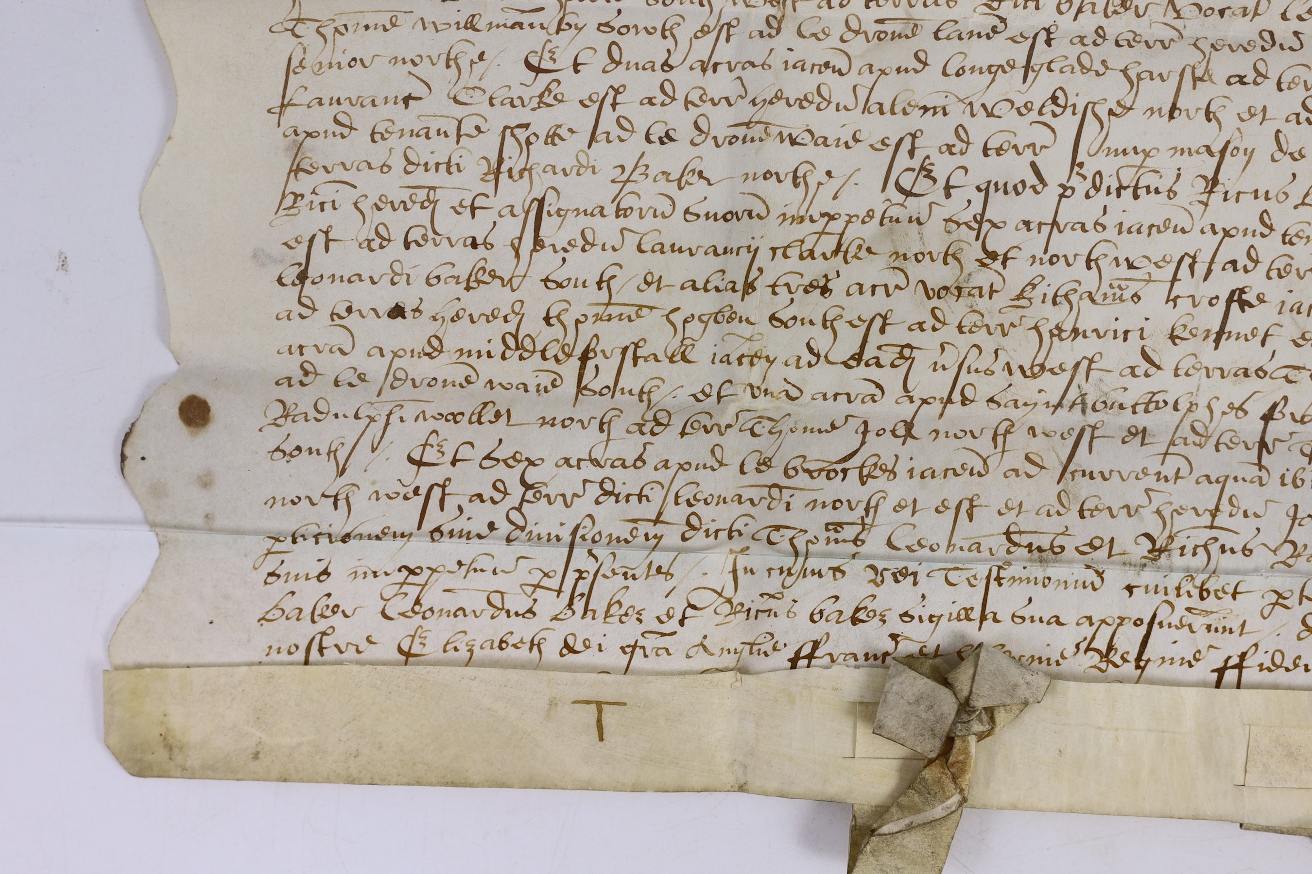 An Elizabethan charter recording the division of property, in Latin, in black ink on vellum, 30 x 37cms.